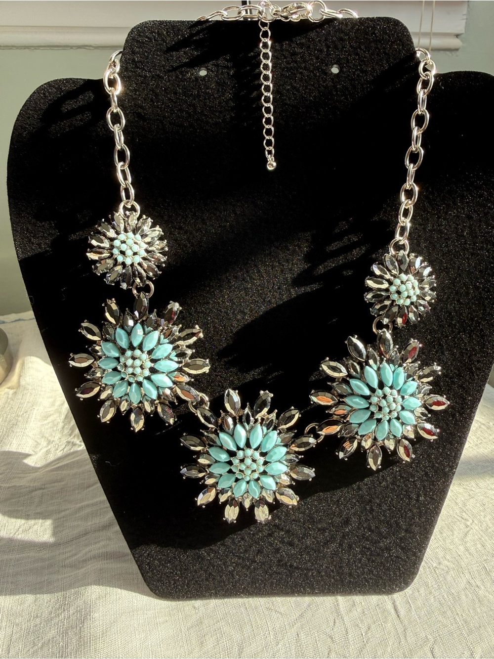 Turquoise Floral Bib Necklace with Silver Accents - Women Jewelry
